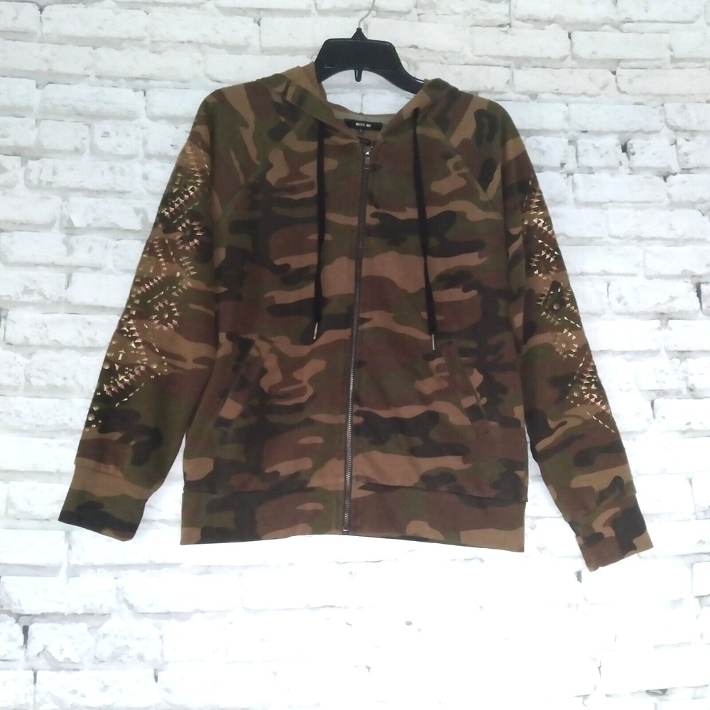 Miss Me Womens Small Camo Hoodie Embroidered Embellished Studded Full Zip